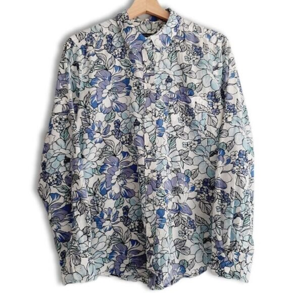 ANN TAYLOR 100% Cotton Floral Button Down Shirt Top Blue & White Sz M - Picture 13 of 13